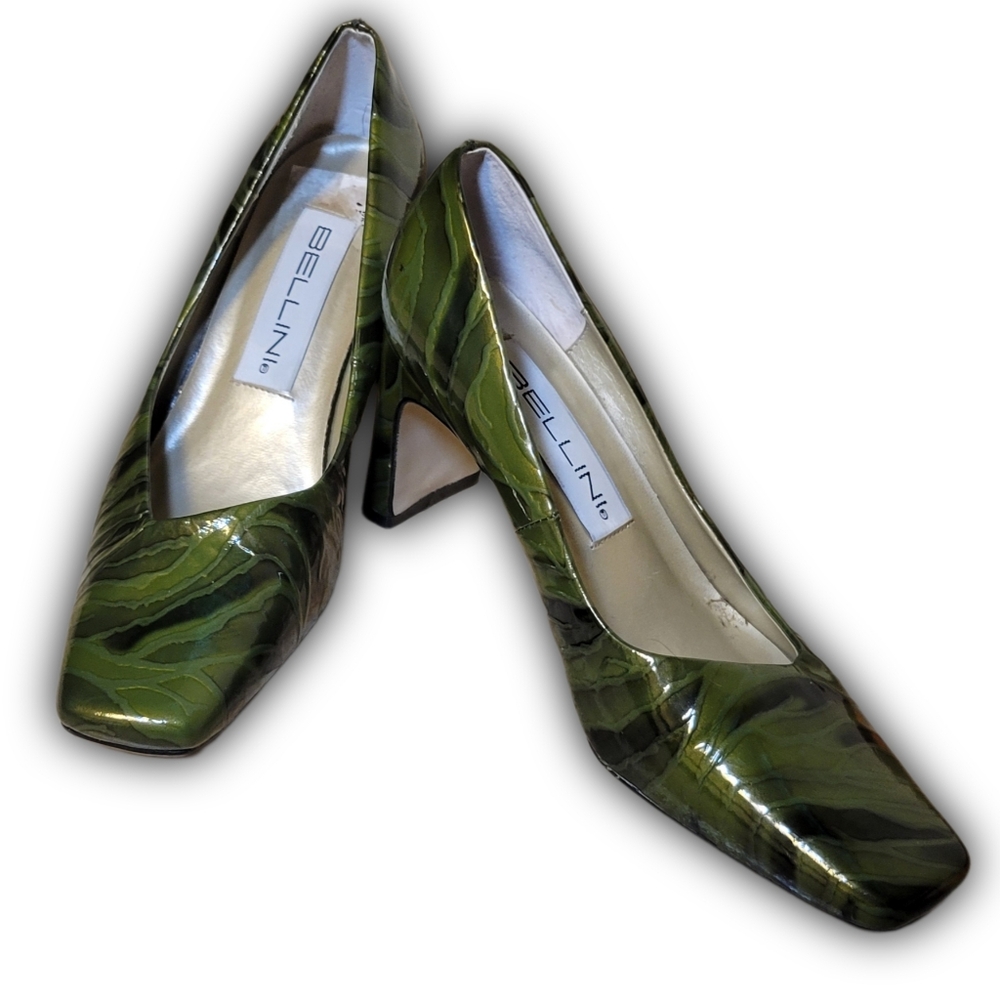Bellini High Block Heel Square Toe Pumps Shoes Green/Black Patent Leather Sz 6